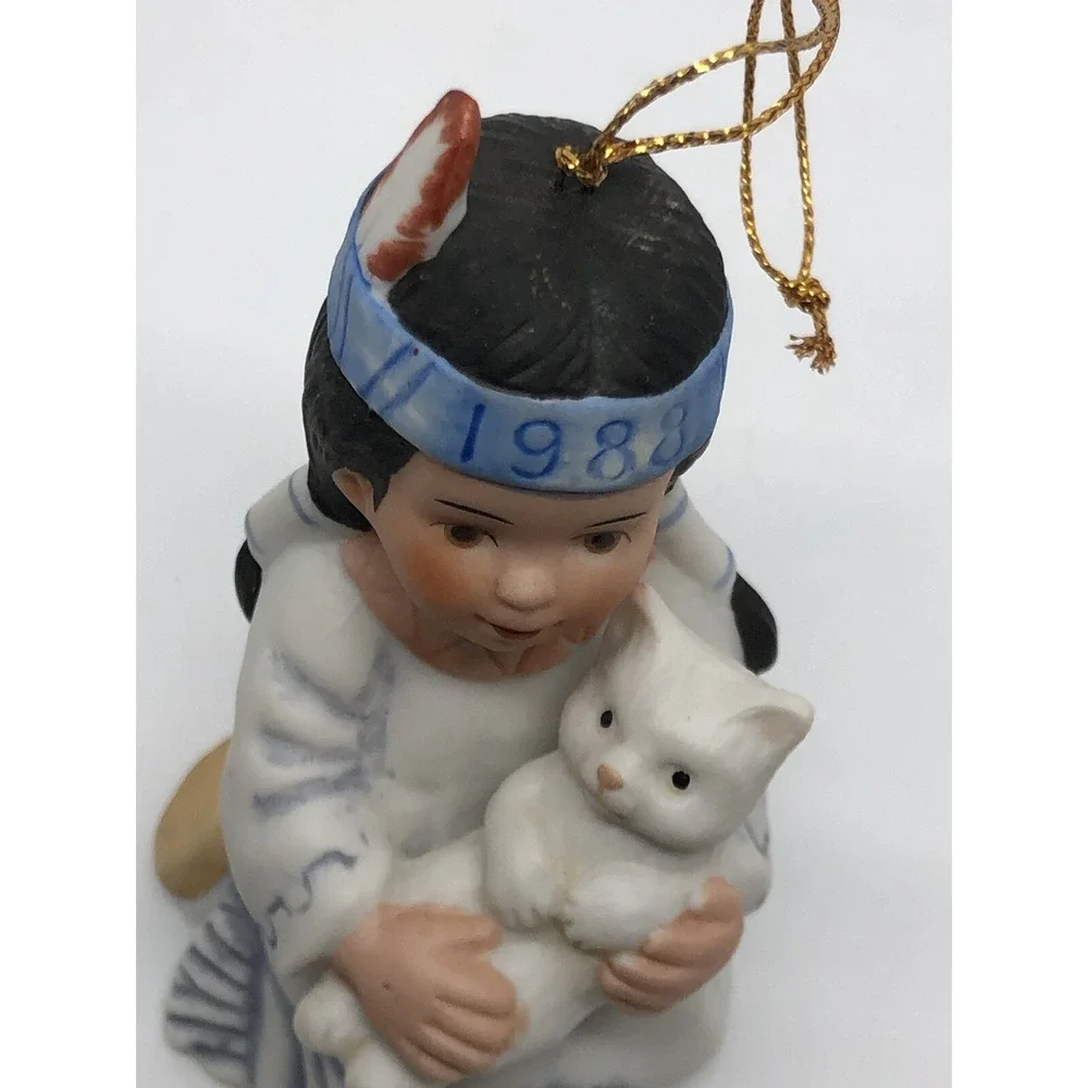 GREGORY PERILLO'S SAGEBRUSH KIDS 1988 BELL CHRISTMAS ORNAMENT BISQUE NATIVE &CAT